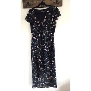 Julia Jordan Navy Floral Faux Wrap Belt Dress Peek a Boo Skirt 14  Flowy